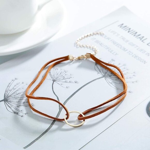 Elegant Gold and Brown Leather Choker Necklace - Perfect Holiday Gift for Women - Picture 3 of 7